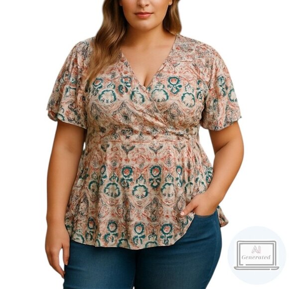 Torrid Womens Rayon Crepe Smocked Surplice Top Ikat Multicolor Plus Size 2 | 2X - Picture 1 of 15